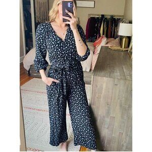 Madewell Sz S Black Blue Floral Print Ruffled Belted Wide Leg Jumpsuit Romper